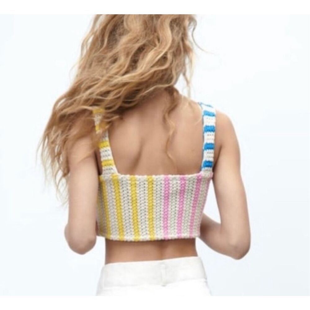 Zara NET Multi Color Crochet Striped Knit Crop Top sz M - Picture 2 of 7
